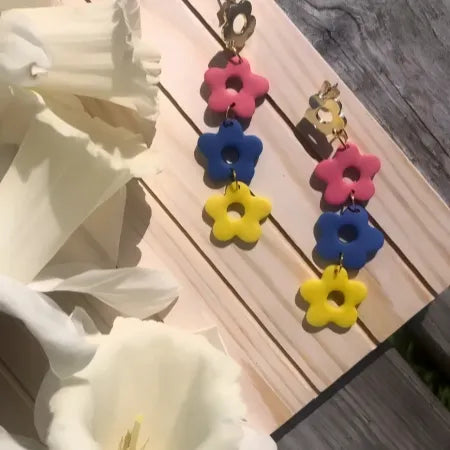 Pink, Blue & Yellow Flower Earrings