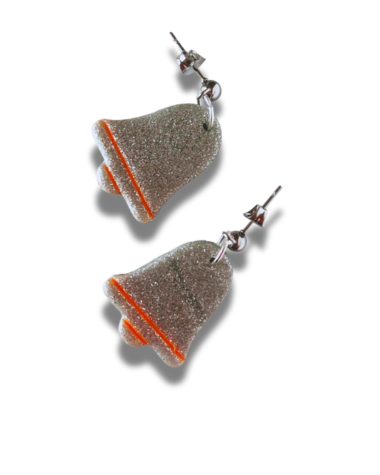 Silver Glitter & Bright Orange Christmas Bell Earrings