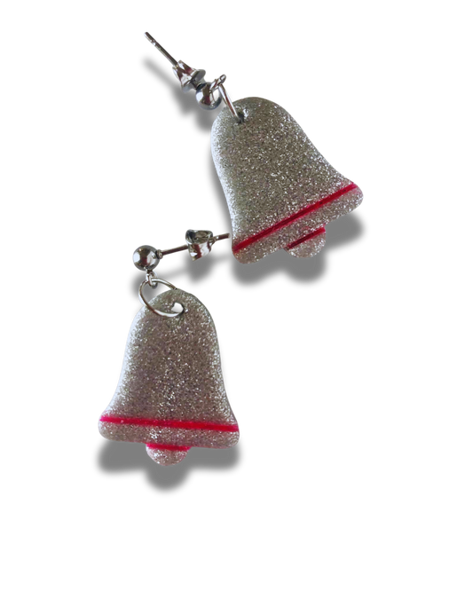 Silver Glitter & Bright Pink Christmas Bell Earrings