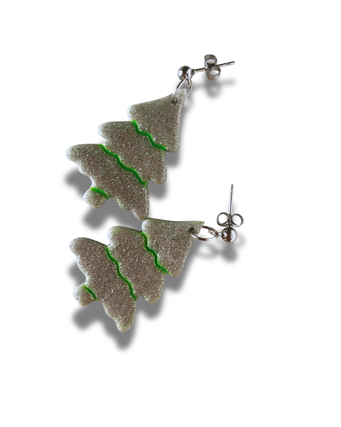 Silver Glitter and Bright Green Christmas Tree Earrings