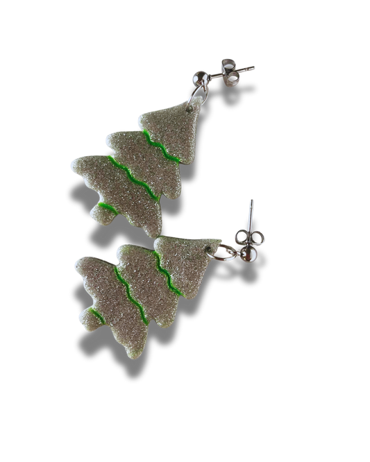 Silver Glitter and Bright Green Christmas Tree Earrings