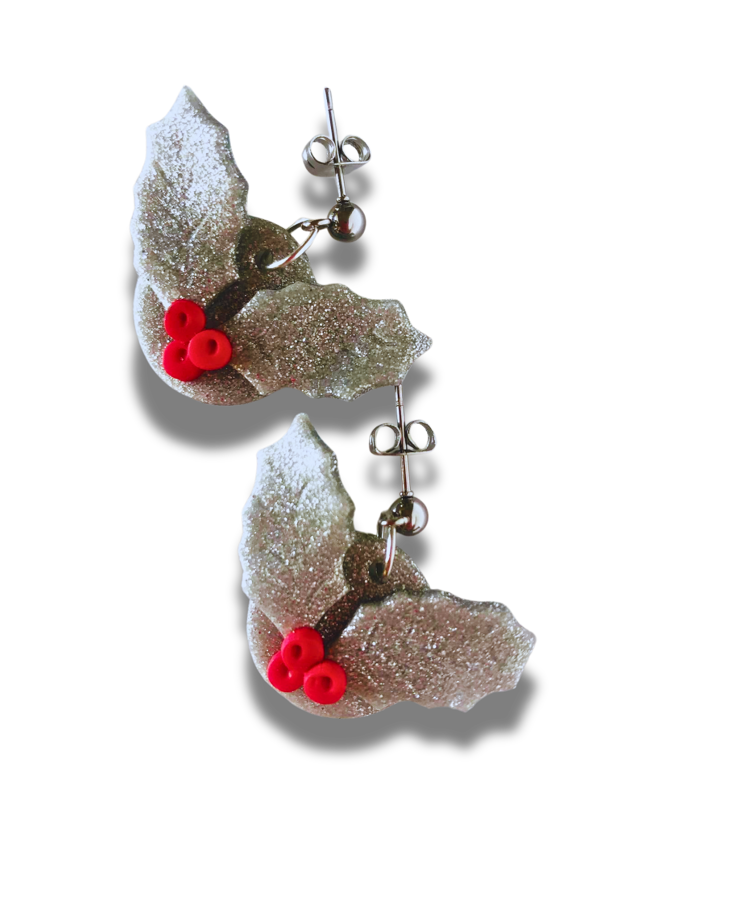 Silver Glitter & Red Christmas Holly Earrings