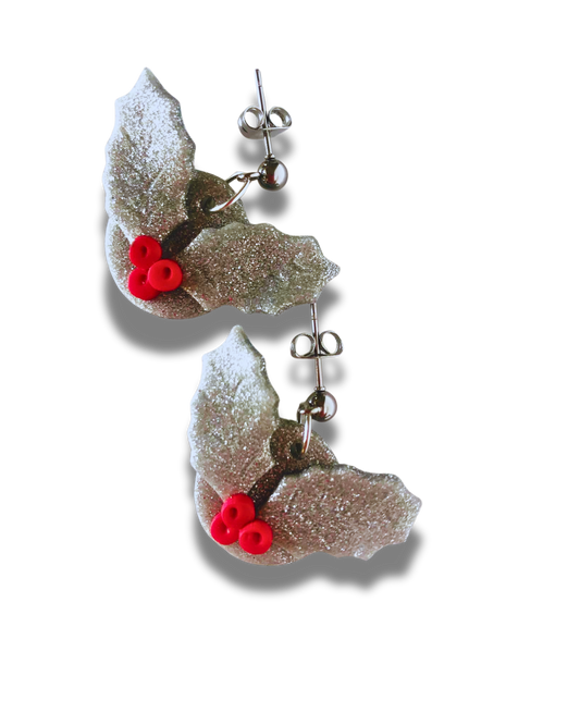 Silver Glitter & Red Christmas Holly Earrings